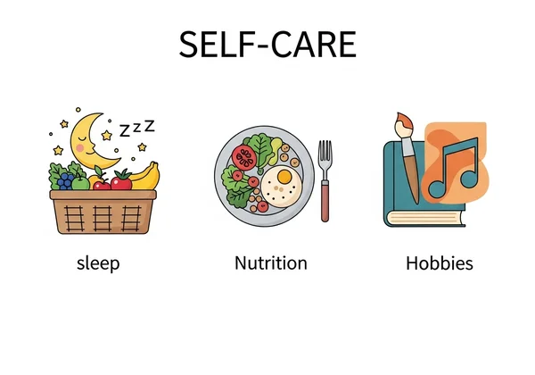Iconos que representan el autocuidado: sueño, nutrición, pasatiempos