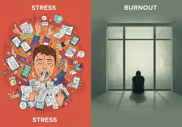 Comparison of stress (overwhelmed) vs. burnout (empty)