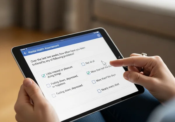 Seseorang mengambil ujian kesihatan mental PHQ-9 dalam talian