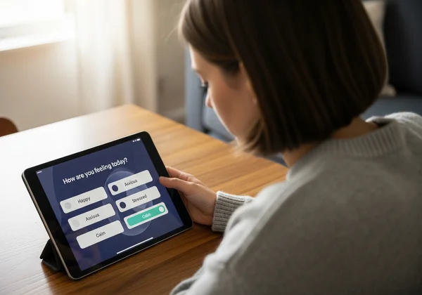 Seseorang dengan penuh perhatian melengkapkan penilaian kesihatan mental dalam talian.