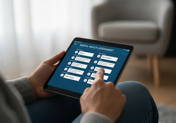 Pengguna mengambil penilaian kesihatan mental dalam talian pada tablet